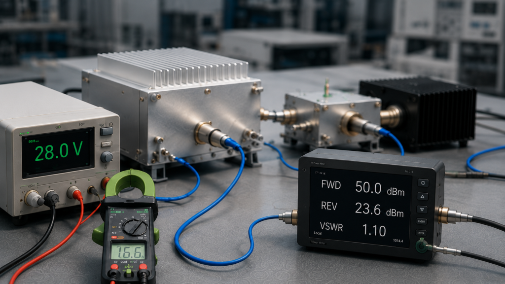RF power amplifier 28V supply path and RF load test with forward power reflected power and VSWR measurement