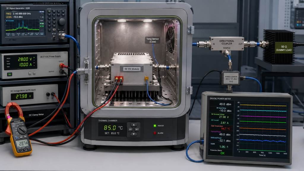 RF PA full-power test chain with signal generator, RF PA module, directional coupler and 50 ohm dummy load