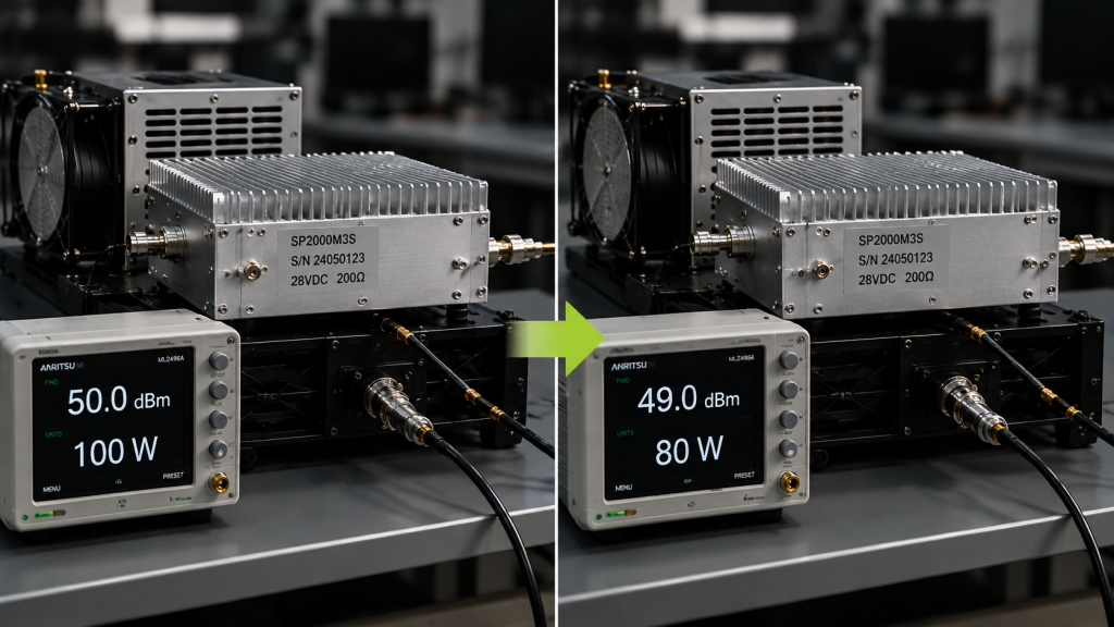 RF PA output comparison showing 100W reference power and 80W hot-state output after thermal stabilization