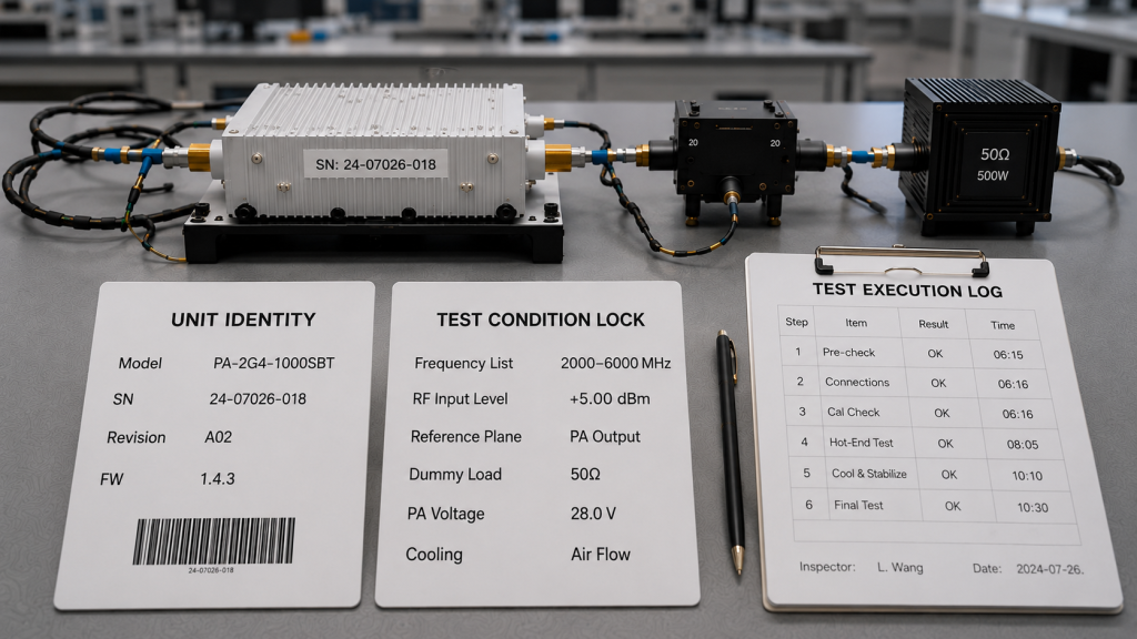 Controlled test conditions for RF Power Amplifier pre and post burn-in comparison