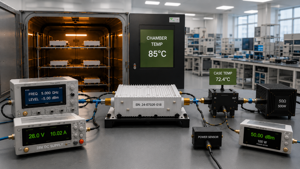 RF Power Amplifier hot-end verification with chamber temperature and case temperature measurement