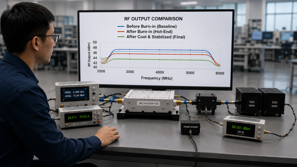 RF output comparison of RF Power Amplifier before burn-in, hot-end, and final stabilized condition
