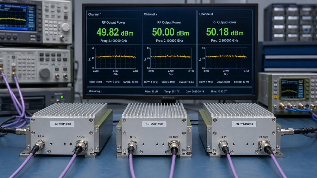 Three RF power amplifier units showing different measured outputs within the same nominal power class