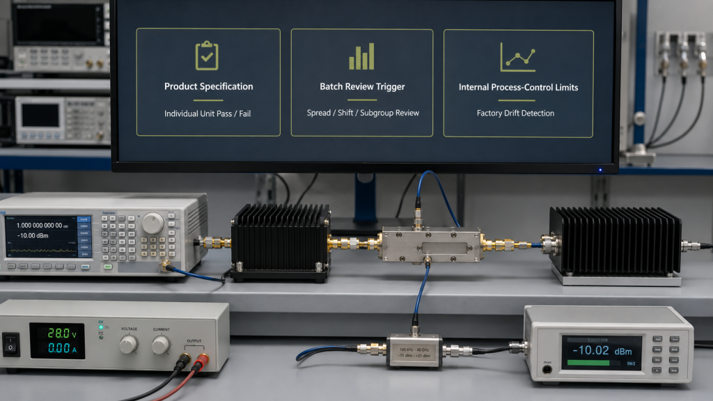 Product specification limits, batch review triggers, and internal process-control limits for RF PA acceptance