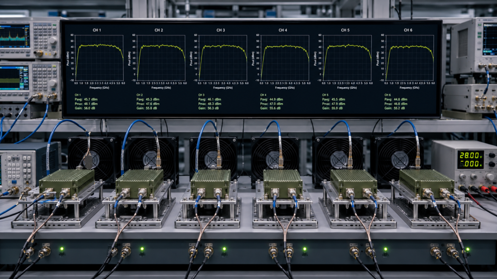 Multiple RF power amplifier modules tested under comparable conditions for batch acceptance
