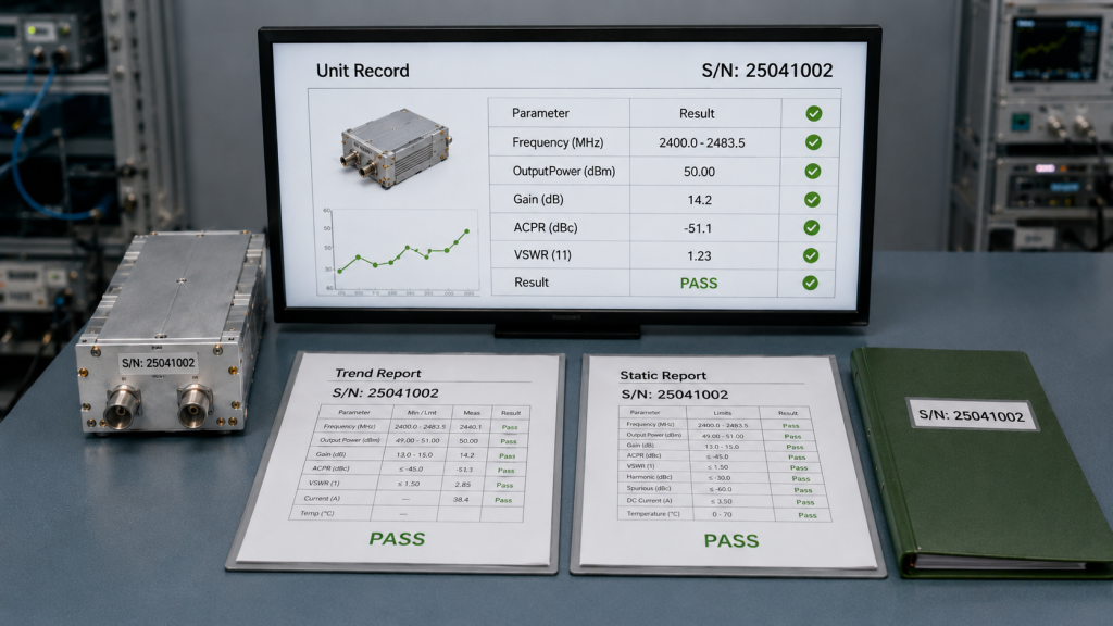Serial-number-linked RF PA test records supporting unit and lot release decisions