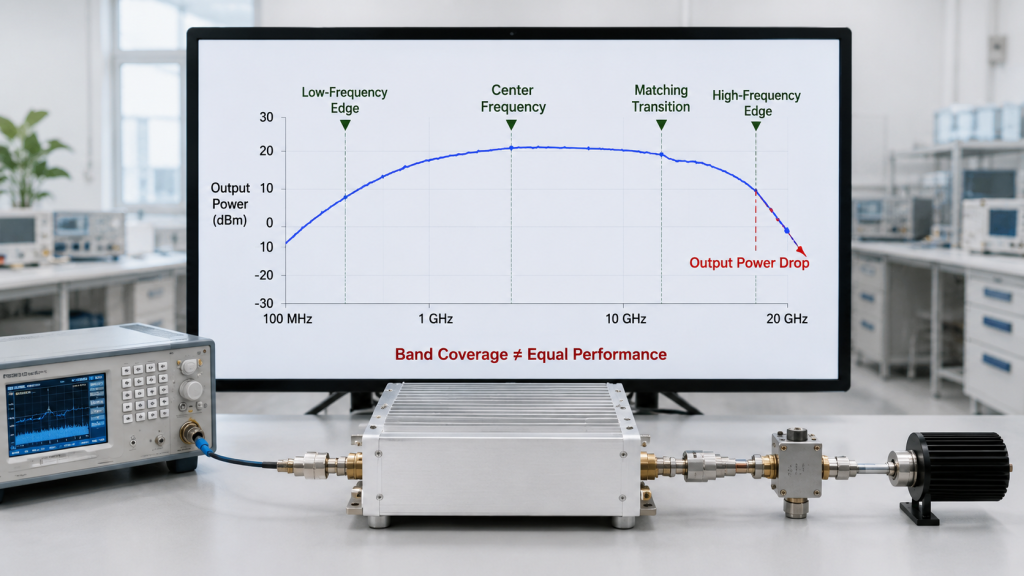 Broadband RF PA output response showing low-frequency edge, center frequency, matching transition, high-frequency edge, and output drop