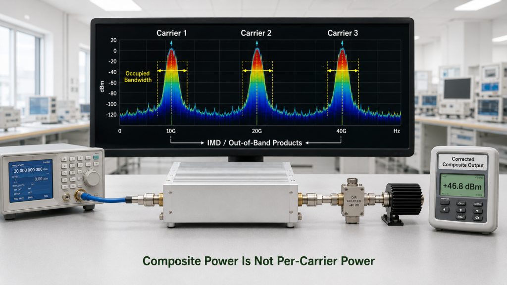 Multi-carrier broadband RF PA test showing occupied bandwidth, composite output power, per-carrier power, and out-of-band products