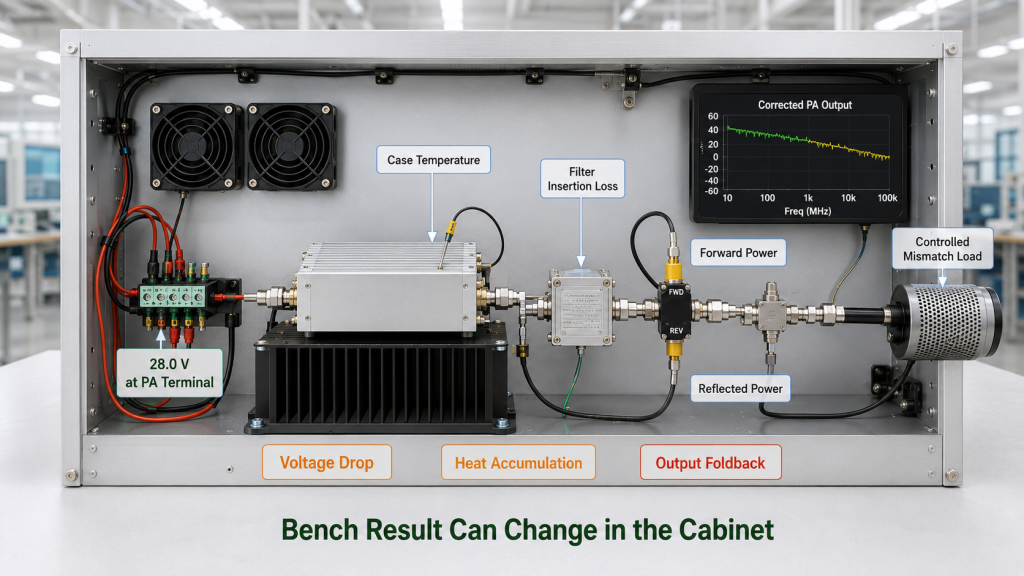 Broadband RF PA cabinet test measuring terminal voltage, case temperature, filter loss, forward and reflected power, and mismatch response
