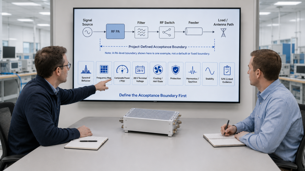 Project-defined broadband RF PA acceptance boundary covering frequency map, waveform, composite power, spectral behavior, voltage, protection, and serial-linked evidence