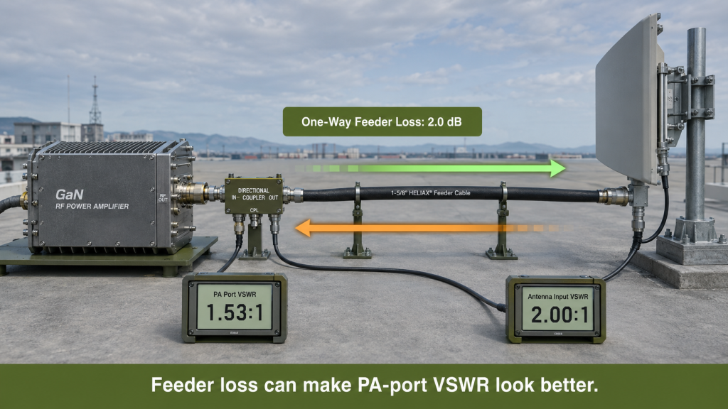 One-way feeder loss making PA-port VSWR appear lower than antenna-input VSWR
