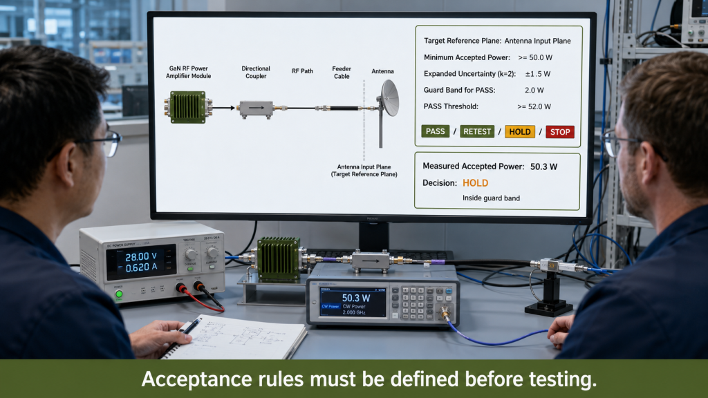 RF power acceptance review defining reference plane, minimum accepted power, uncertainty, guard band, and HOLD decision