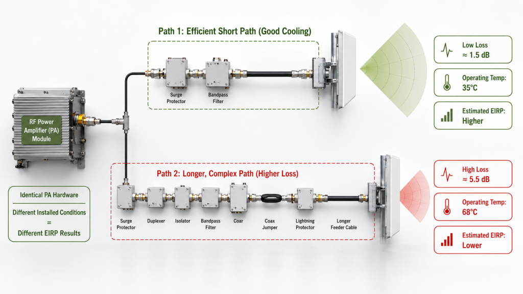 Comparison of a short low-loss RF path and a longer complex path showing how installed conditions change calculated EIRP.