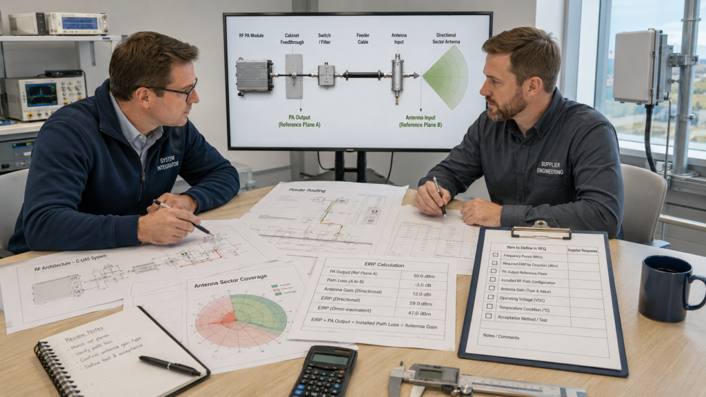 Engineering team reviewing RF architecture drawings, an EIRP calculation sheet, and RFQ requirements before system approval.