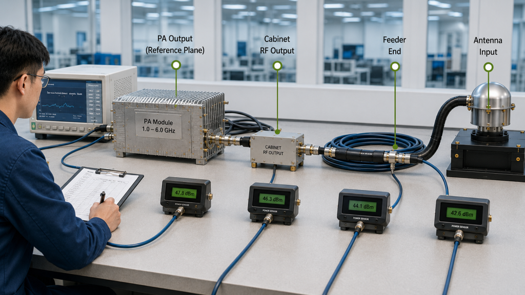 RF PA output measured at the PA connector, cabinet output, feeder end, and antenna port