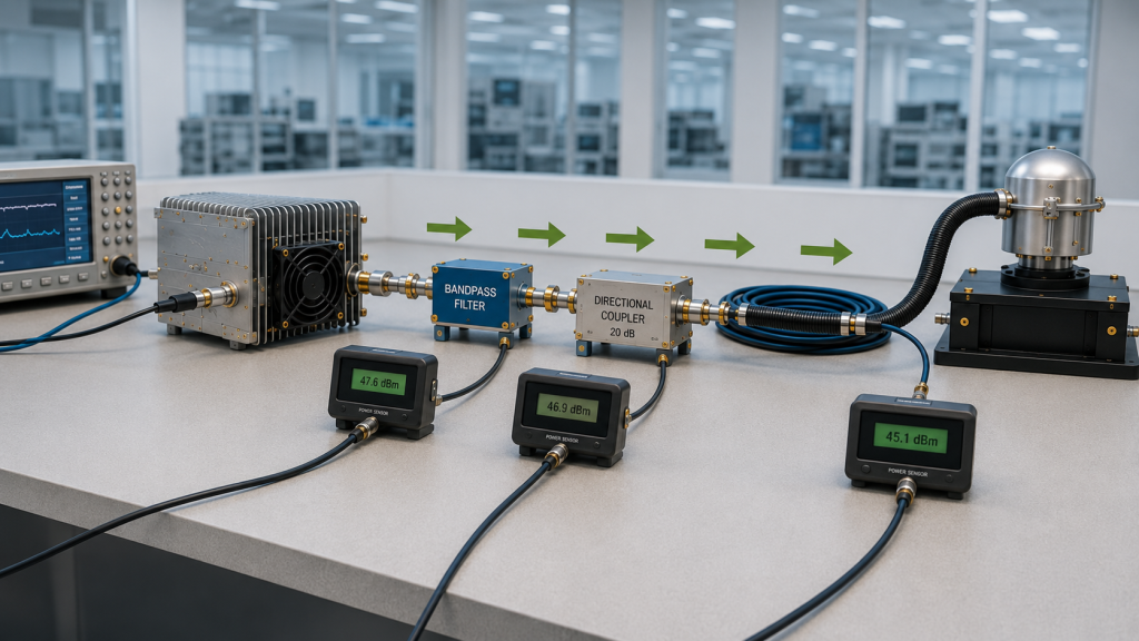 Installed RF path loss through filters, couplers, feeder cable, and antenna path