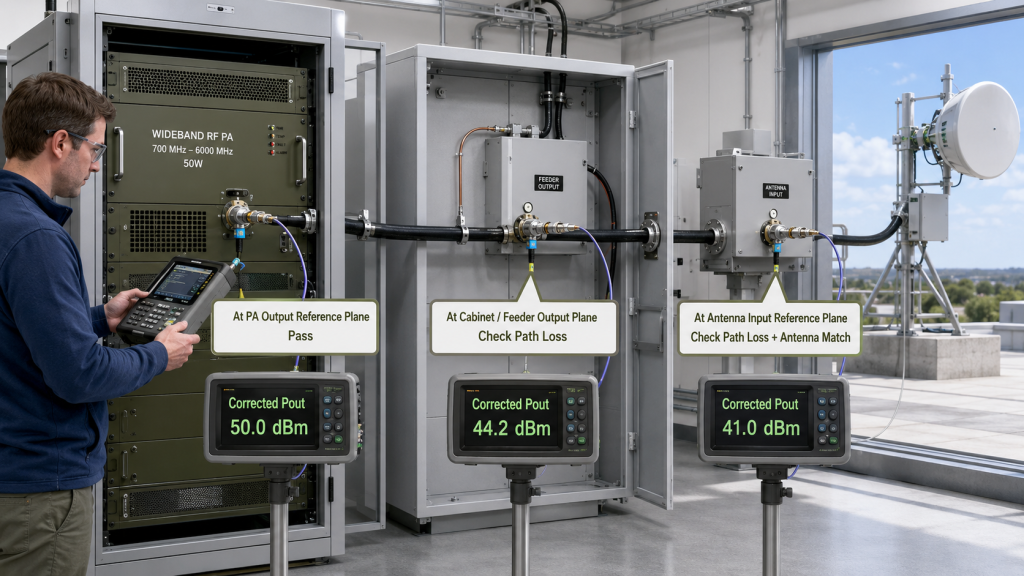RF PA output measured at the PA output, cabinet or feeder output, and antenna input reference planes can produce different corrected power results