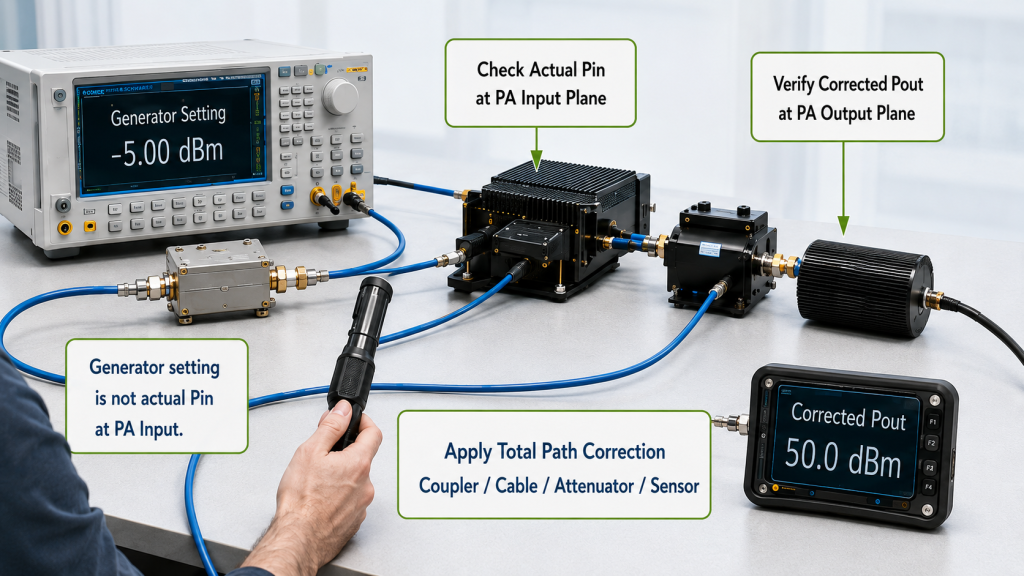 RF PA test setup showing how actual input drive and total path correction prevent a false band-edge output drop