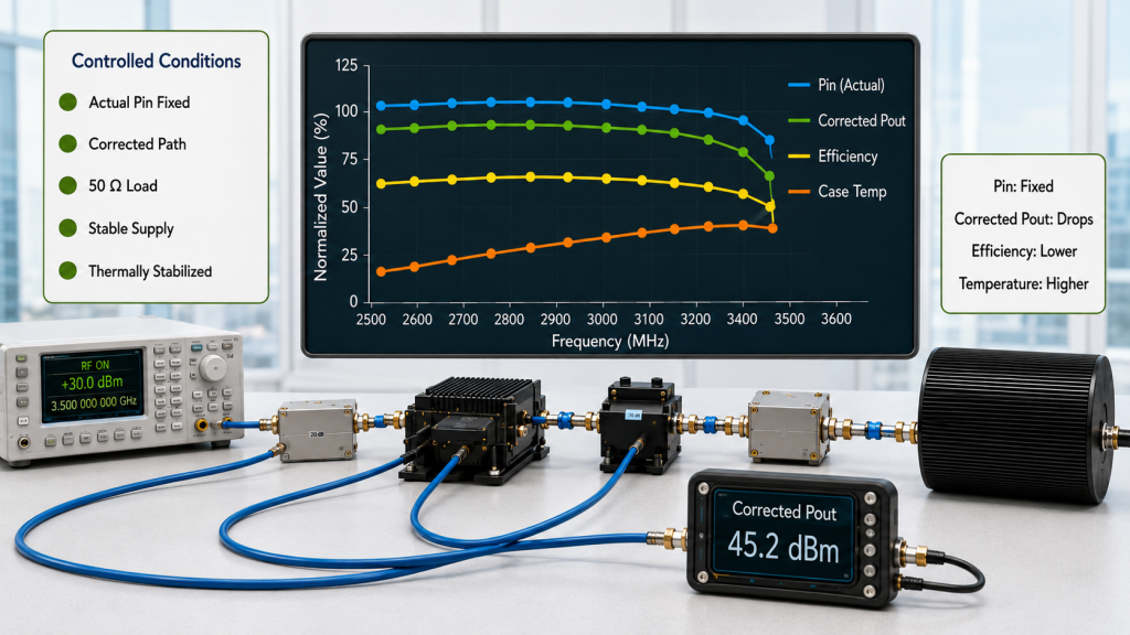Controlled RF PA test showing fixed actual Pin, corrected output roll-off, lower efficiency, and higher case temperature near the band edge