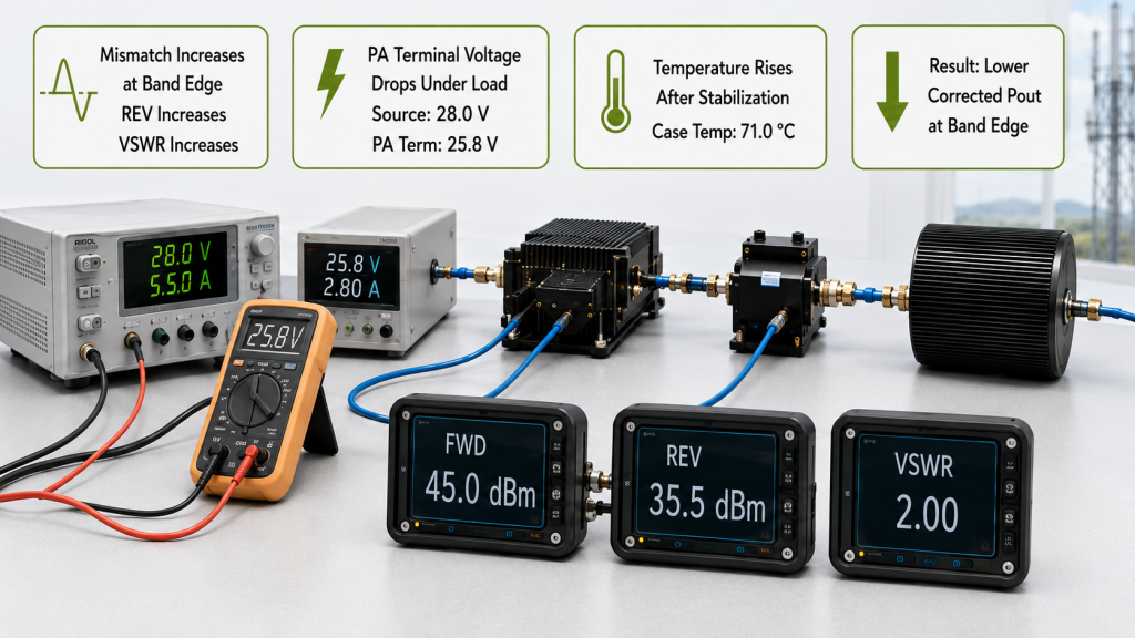 RF PA band-edge test showing antenna mismatch, PA-terminal voltage drop, temperature rise, reflected power, and lower corrected output