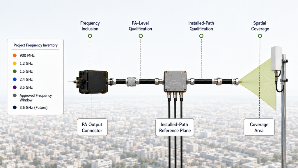 Four engineering boundaries separating frequency inclusion, PA-level qualification, installed-path qualification, and spatial coverage