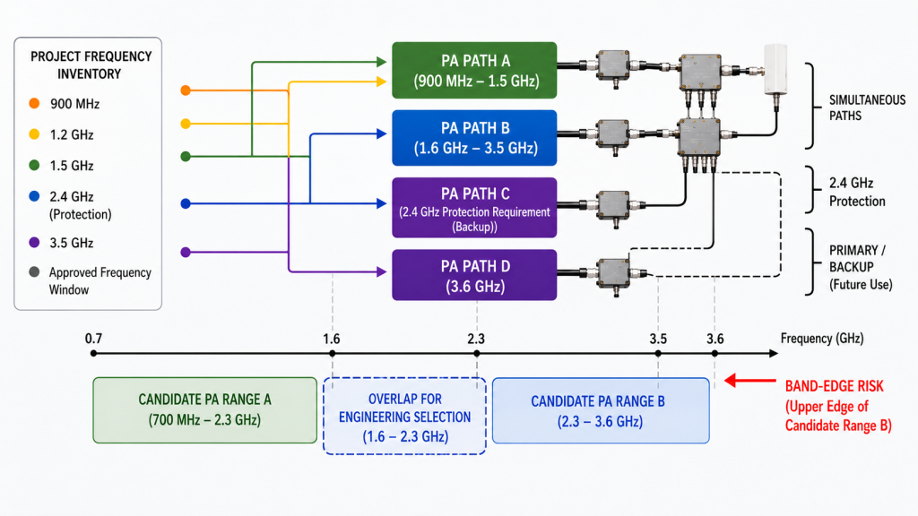 Grouping approved frequency requirements into simultaneous, protected, primary, backup, and future RF PA paths