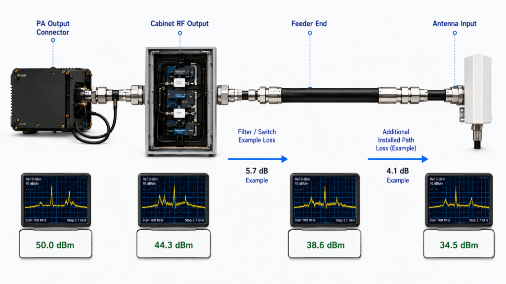 RF PA output reference planes and example installed-path loss from the PA connector to the antenna input