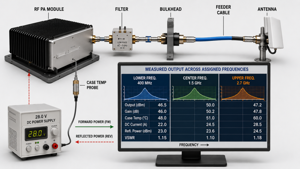 Wideband RF PA output, gain, current, temperature, reflected power, and VSWR measured across assigned frequencies