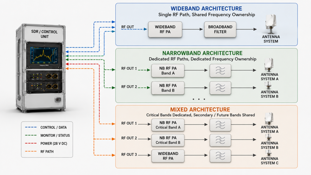 Comparison of wideband, narrowband, and mixed RF PA architectures with shared and dedicated frequency ownership