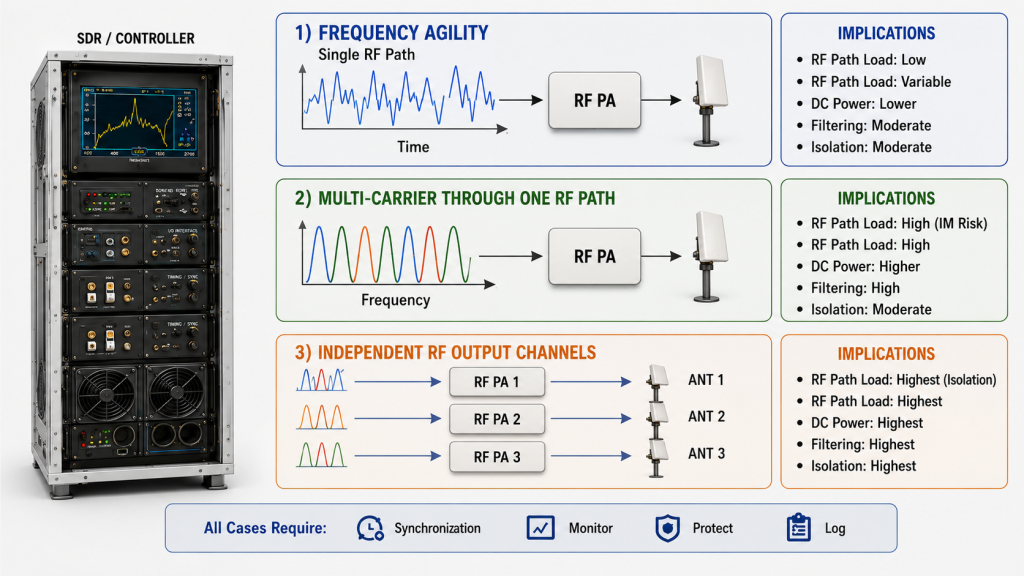 Comparison of frequency agility, multi-carrier operation through one RF path, and independent RF output channels