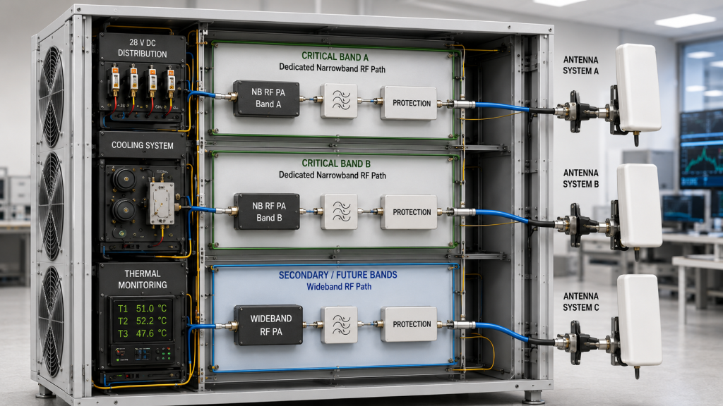 Mixed RF PA architecture with dedicated narrowband paths for critical bands and a wideband path for secondary or future bands