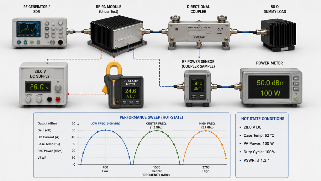 Hot-state RF PA test setup measuring output power, DC current, temperature, reflected power, and VSWR across required frequencies