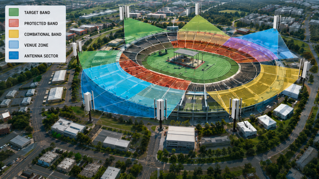 Large-venue C-UAS frequency strategy showing target, protected, conditional, venue-zone, and antenna-sector boundaries