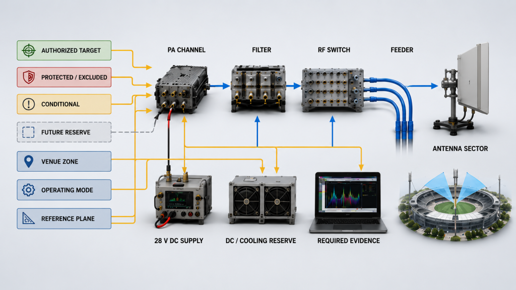 C-UAS frequency strategy translated into PA channels, filters, RF switches, feeders, antenna sectors, power, cooling, and evidence requirements