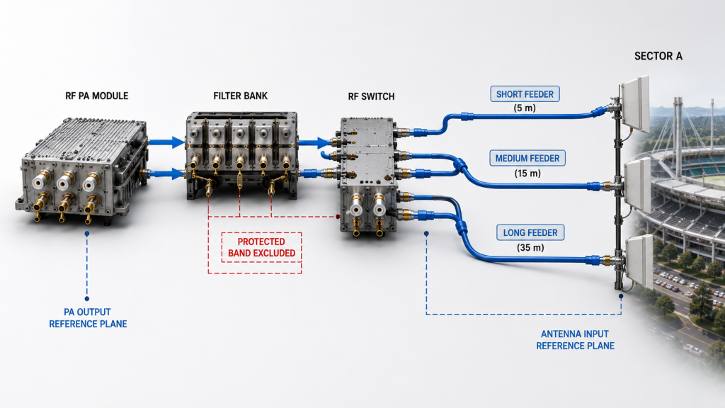 RF PA, filter bank, RF switch, and antenna paths enforcing protected-frequency exclusion across different feeder lengths
