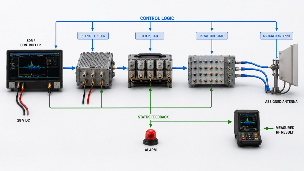 C-UAS RF control logic linking PA enable, filter state, RF switch state, assigned antenna, status feedback, and measured RF results