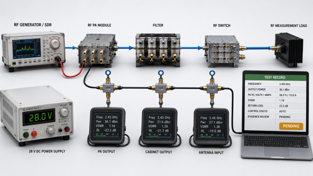 RF path test setup measuring PA output, cabinet output, and antenna input reference planes with recorded acceptance evidence