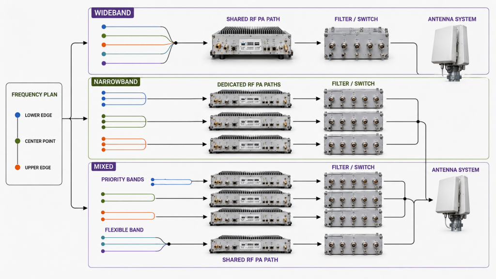 Wideband, narrowband, and mixed RF PA architecture options using shared and dedicated RF paths