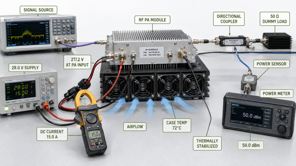 Hot-state RF PA test with 28 V DC supply, 27.2 V module input, 15 A current, 50 dBm output, airflow, and 72°C case temperature