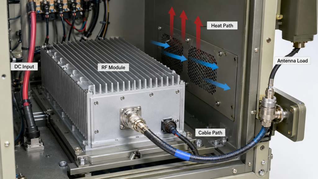 RF Power Amplifier power margin shown as engineering space between rated output, cable loss, heat, DC supply, and antenna load.