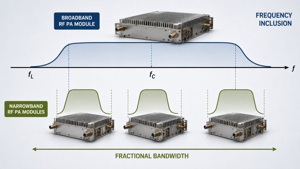 Broadband and narrowband RF power amplifier modules compared by frequency coverage and fractional bandwidth