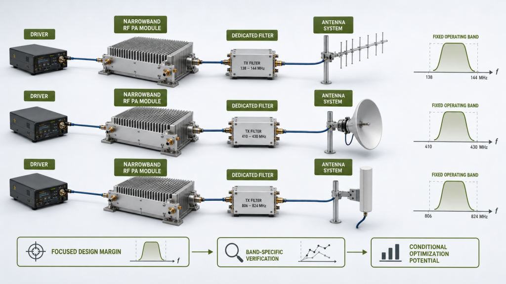 Narrowband RF PA modules using dedicated filters and antenna paths for fixed operating bands
