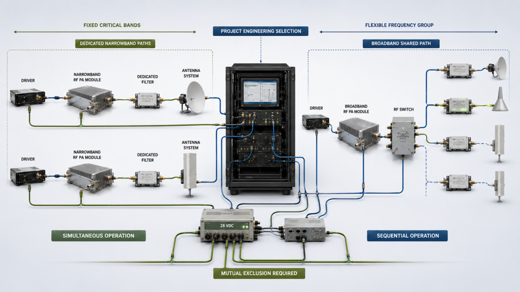 Mixed RF PA architecture combining dedicated narrowband paths with a shared broadband path