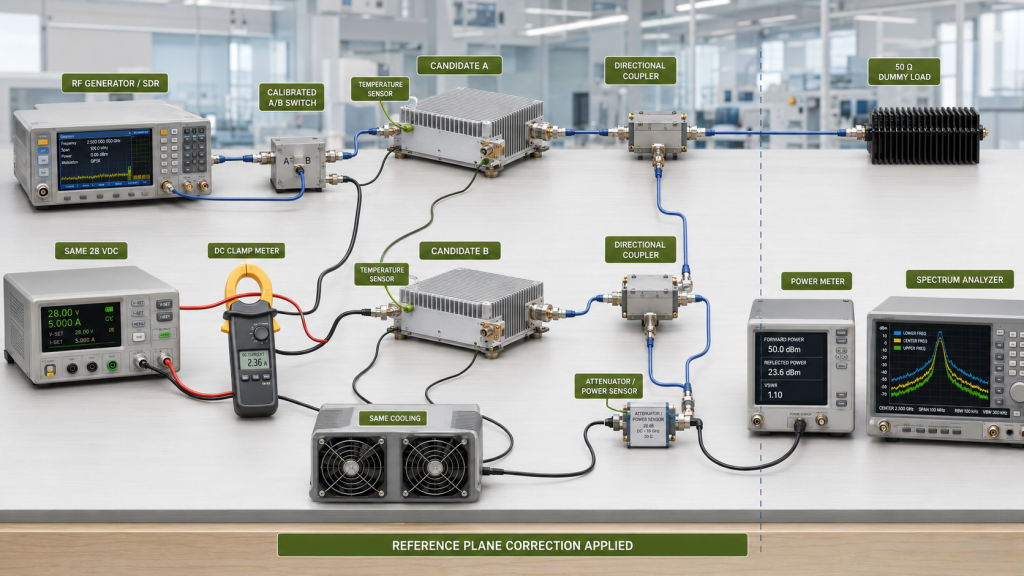 Test setup comparing two RF PA candidates under the same power, cooling, load, and measurement reference plane