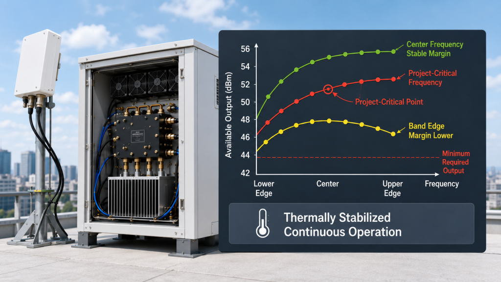 RF PA thermal margin comparison showing different stabilized output behavior at the center frequency, band edge, and project-critical frequency