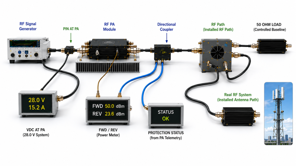 RF PA test setup measuring input power, DC voltage, forward and reflected power, protection status, dummy-load baseline, and installed antenna path