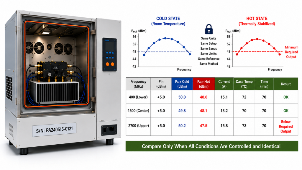 Cold-state and thermally stabilized hot-state RF PA output data compared under identical input, load, cooling, and reference-plane conditions