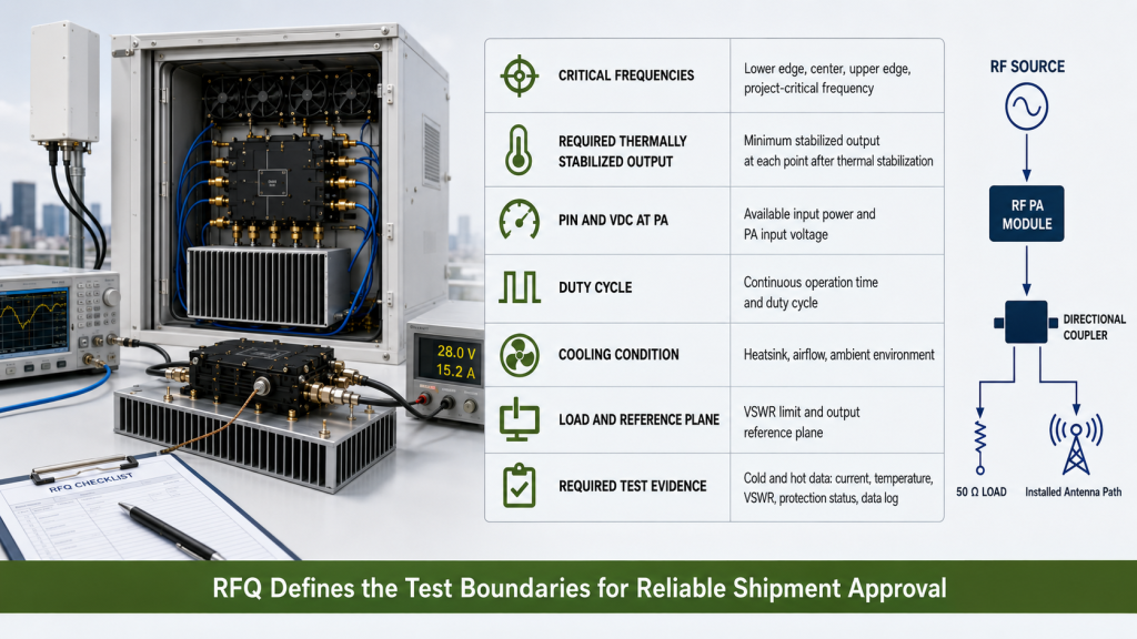 RF PA RFQ checklist defining critical frequencies, stabilized output, input power, DC voltage, duty cycle, cooling, load, reference plane, and required evidence