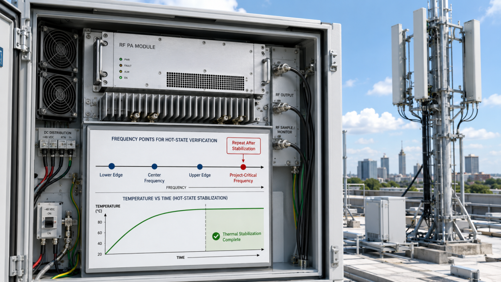Lower band edge, center frequency, upper band edge, and project-critical frequency selected for RF PA hot-state verification after thermal stabilization