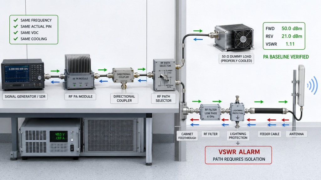 Comparison of a verified 50-ohm dummy-load baseline and the complete installed RF path under the same operating conditions.